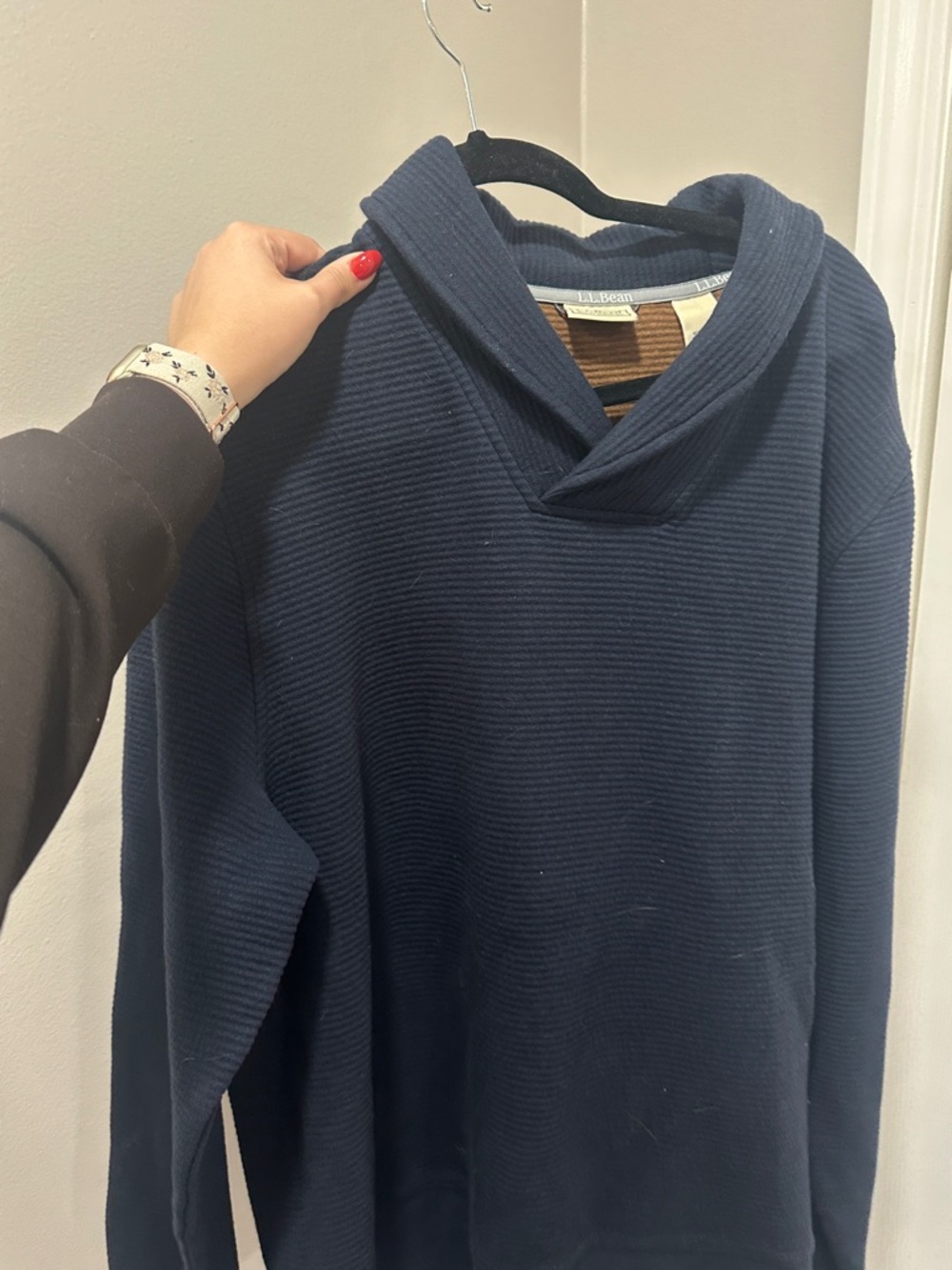L.L. Bean Navy Ribbed Shawl-Collar Pullover